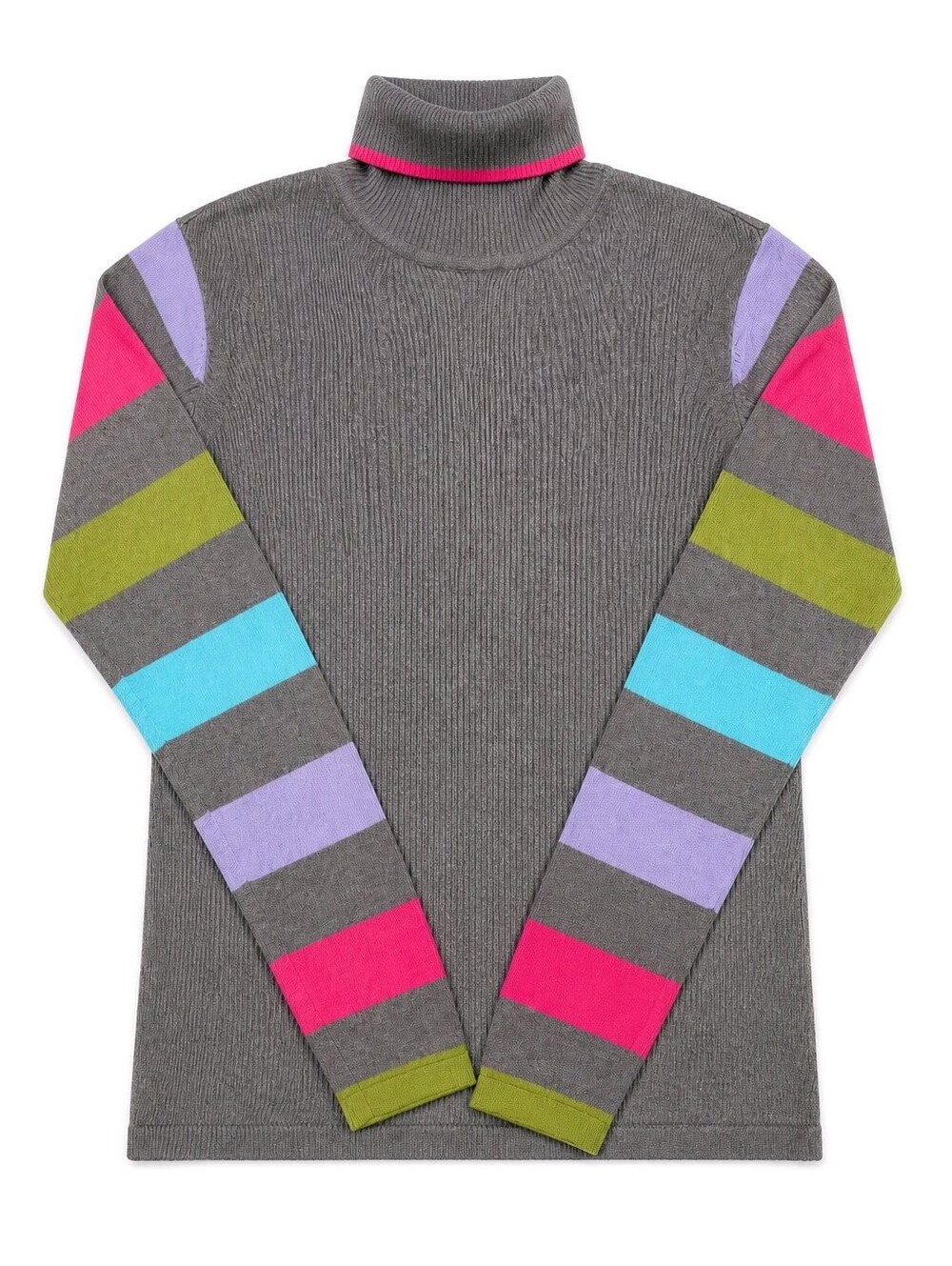 Talbots Petite Grey Turtleneck Sweater with Multicolor Stripe Sleeves Sz Large